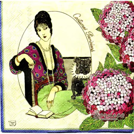 Serwetka do decoupage dama z pieskiem i hortensje 33x33 SWEET PAC, Unikat